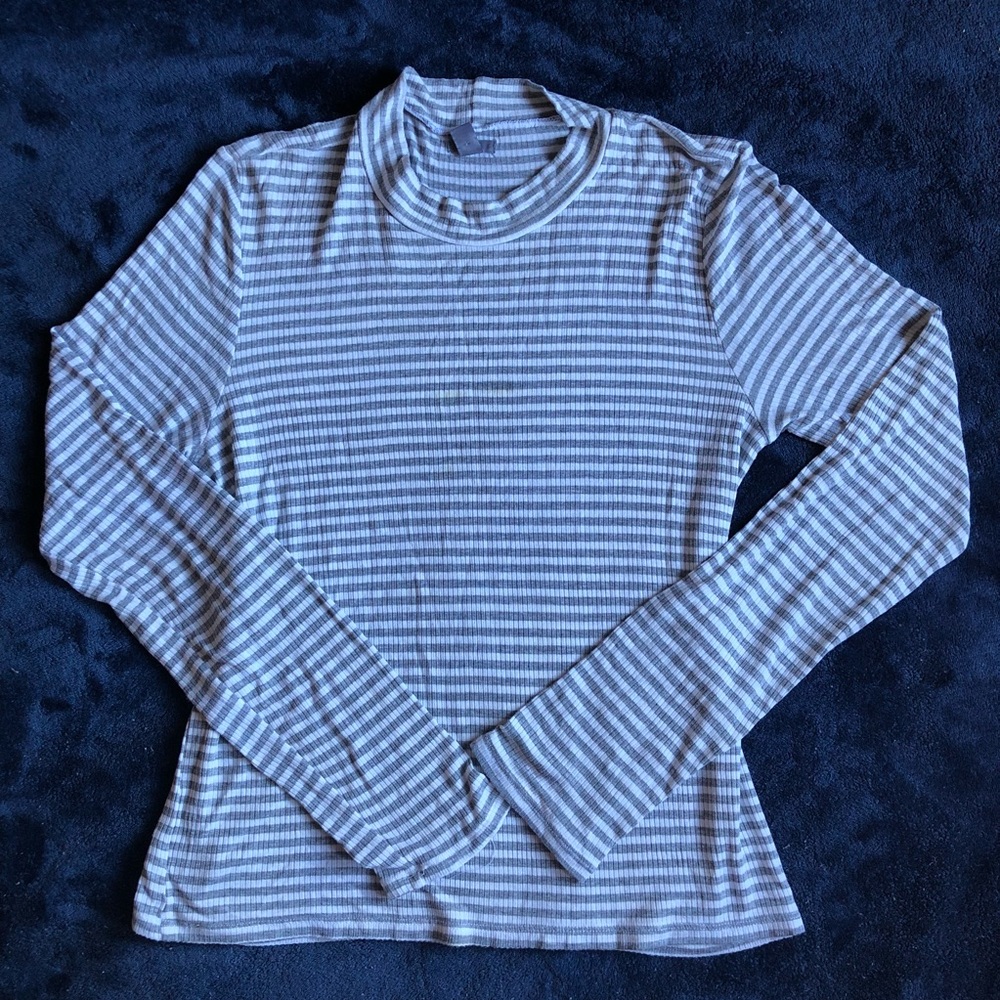Aerie Gray White Striped Mock Neck Top Shirt